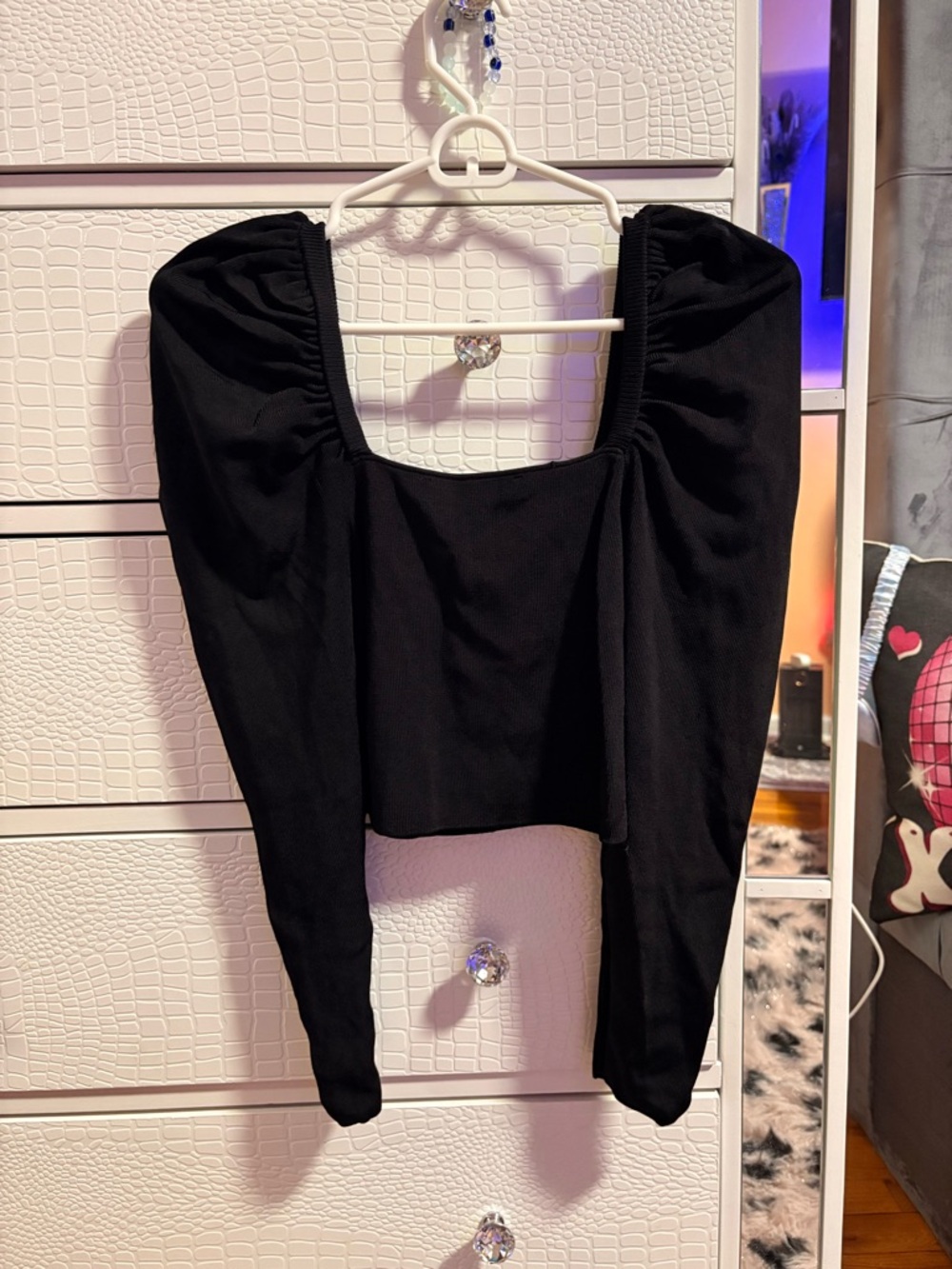 Zara Black Square-Neck Puff-Sleeve Crop Top